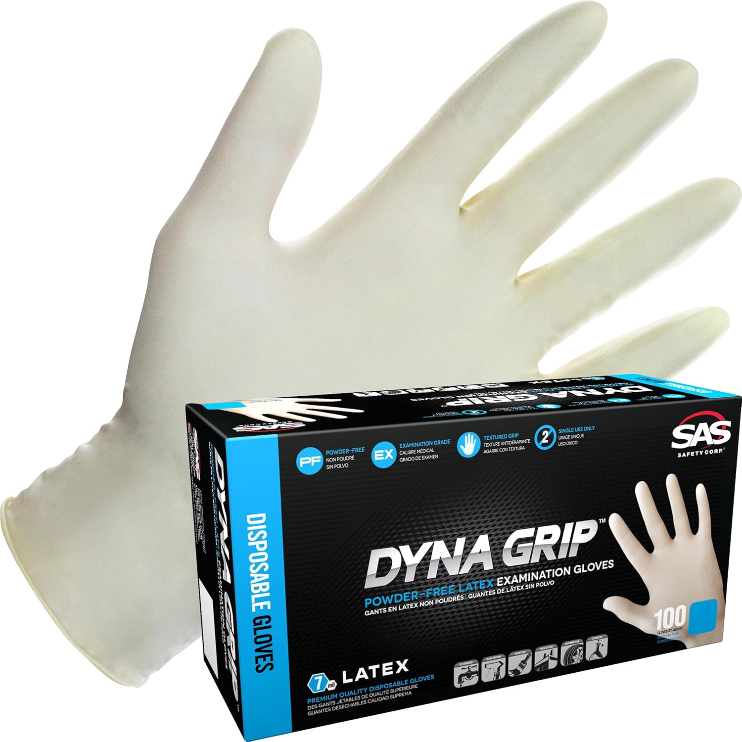 SAS Safety 650-1003 Dyna Grip Powder-Free Premium Latex Disposable Gloves