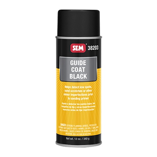 SEM 38203 Guide Coat Black aerosol showing surface imperfections and sanding scratches during automotive paint preparation