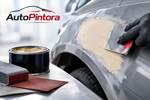 Automotive body repair process using filler and sanding tools to prepare a damaged car panel for painting